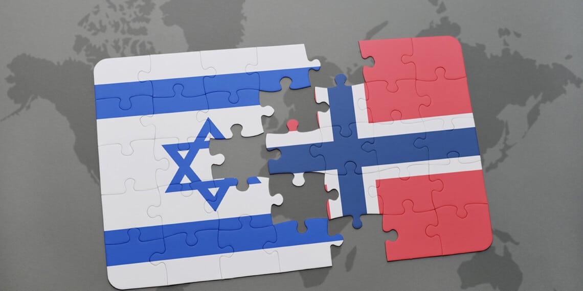 puzzle with the national flag of israel and norway on a world map background. 3D illustration